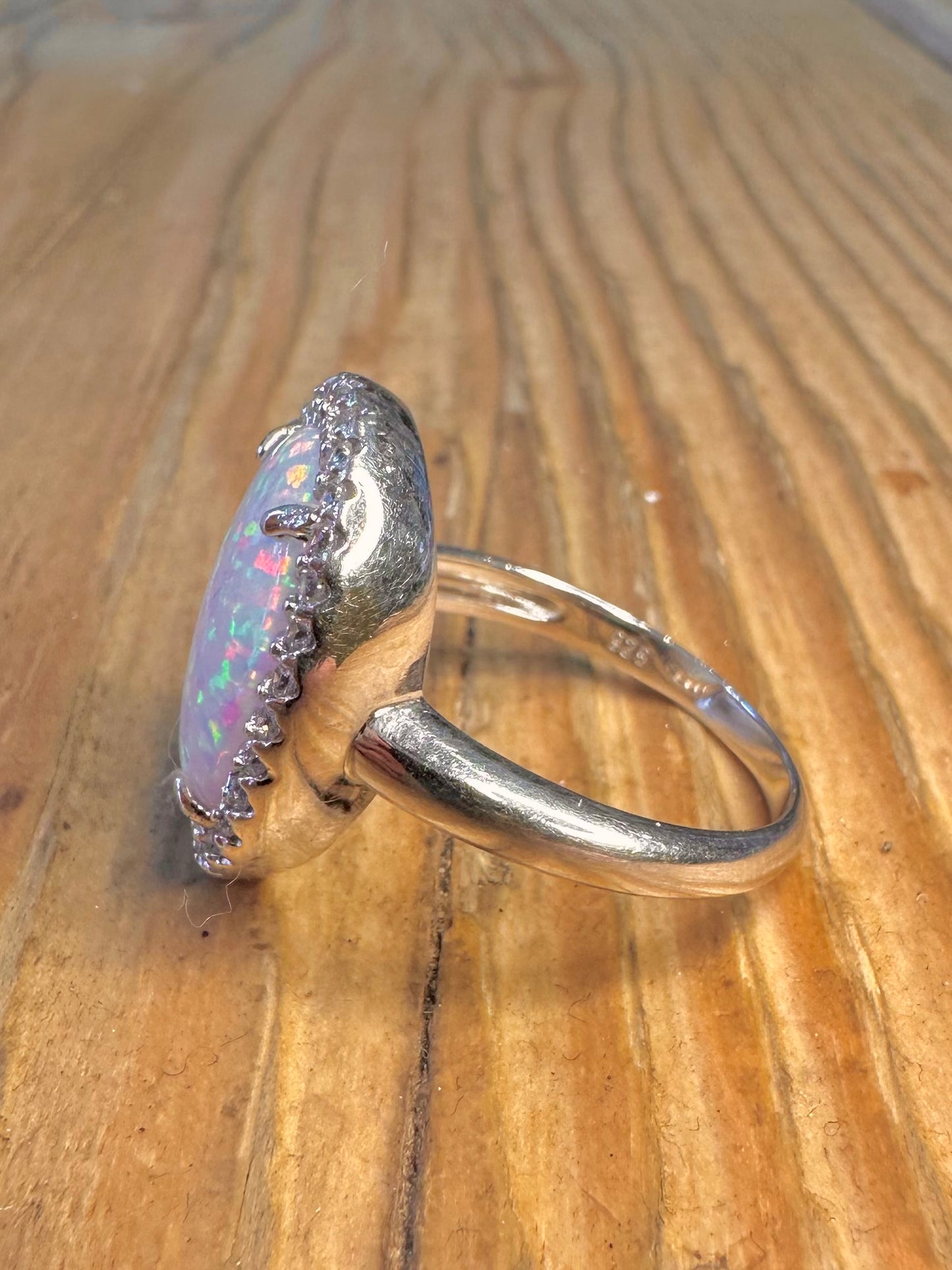 Oval Simulated Opal and White CZ 925 Sterling Silver Size U Ring