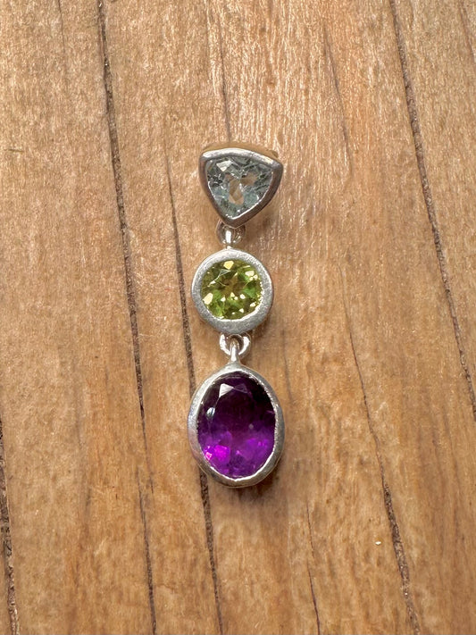 Modern Amethyst Peridot Blue Topaz 925 Sterling Silver Pendant