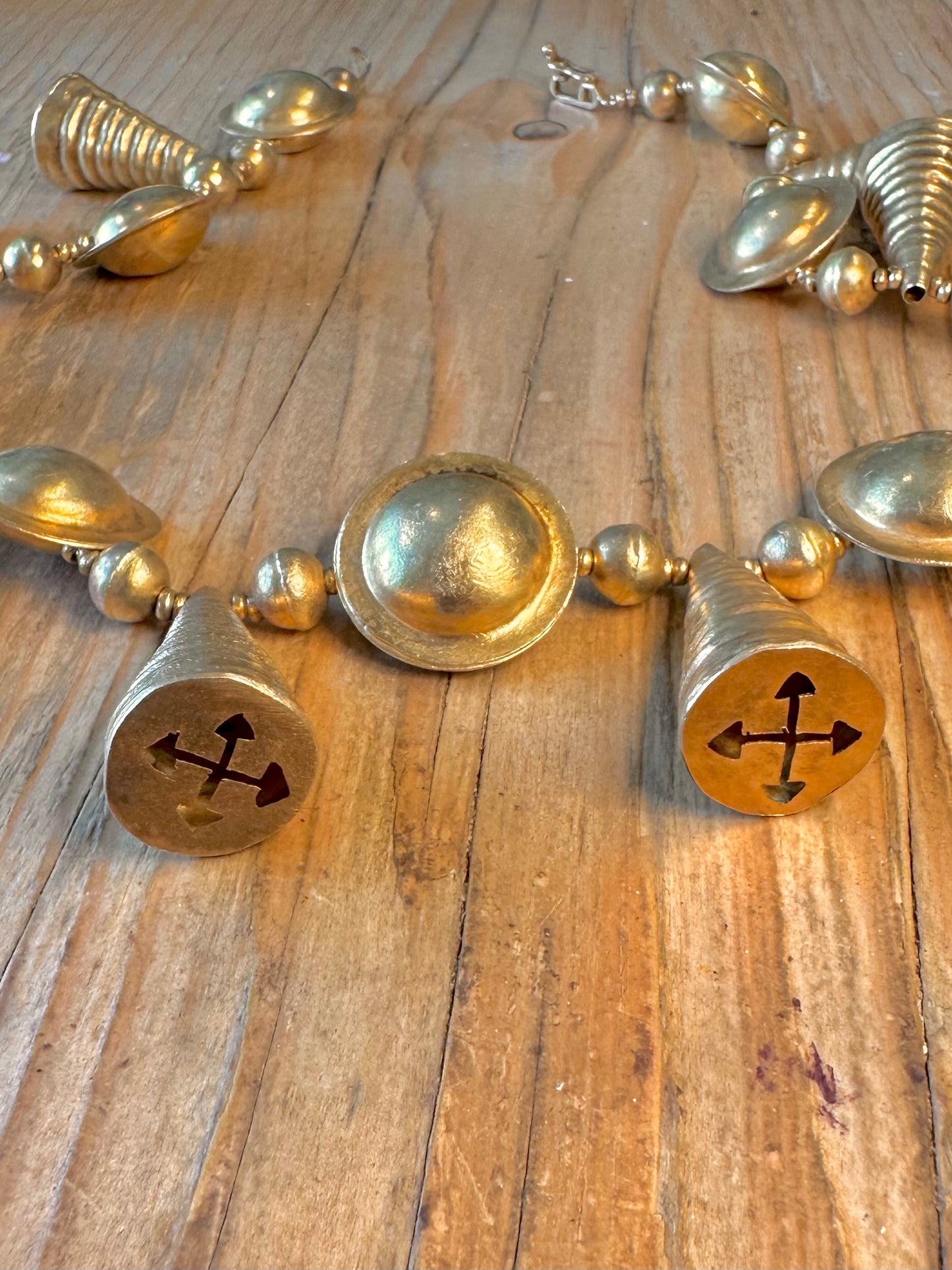 Etruscan Revival Disc and Textured Cone Arrow Gold on 925 Sterling Silver 18 inch Necklace