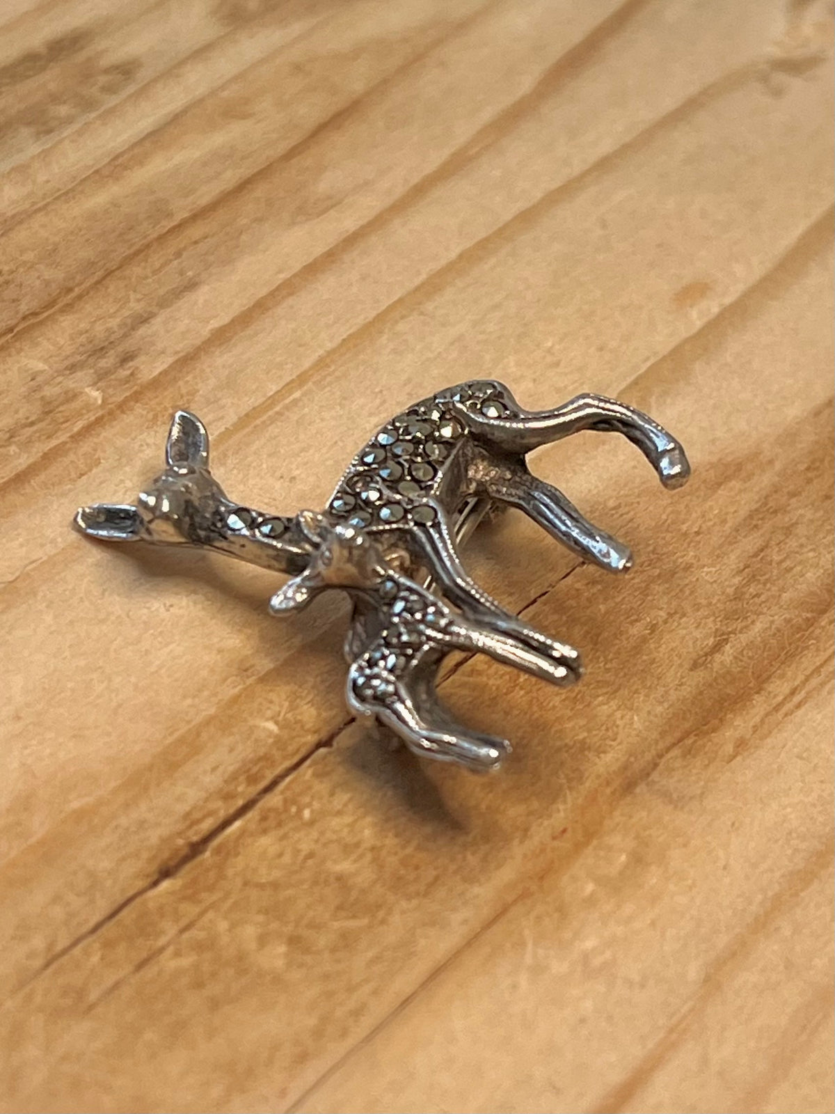 Deer and Faun Marcasite 925 Sterling Silver Brooch