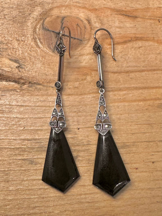Vintage Onyx and Marcasite Dangle 925 Silver Earrings