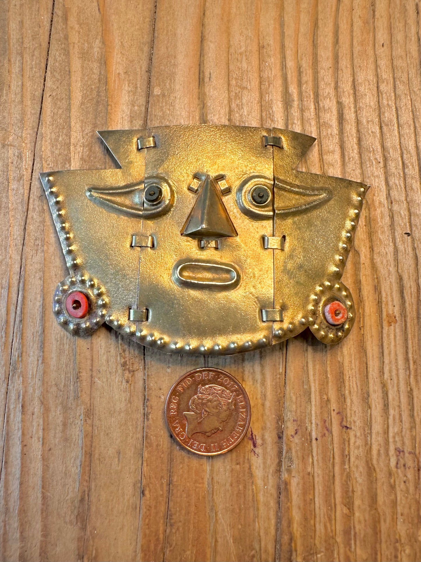 Peruvian Handmade Hinge Movement Sicán Lambeyeque Mask Coral Gold Toned 925 Sterling Silver Pendant And Brooch