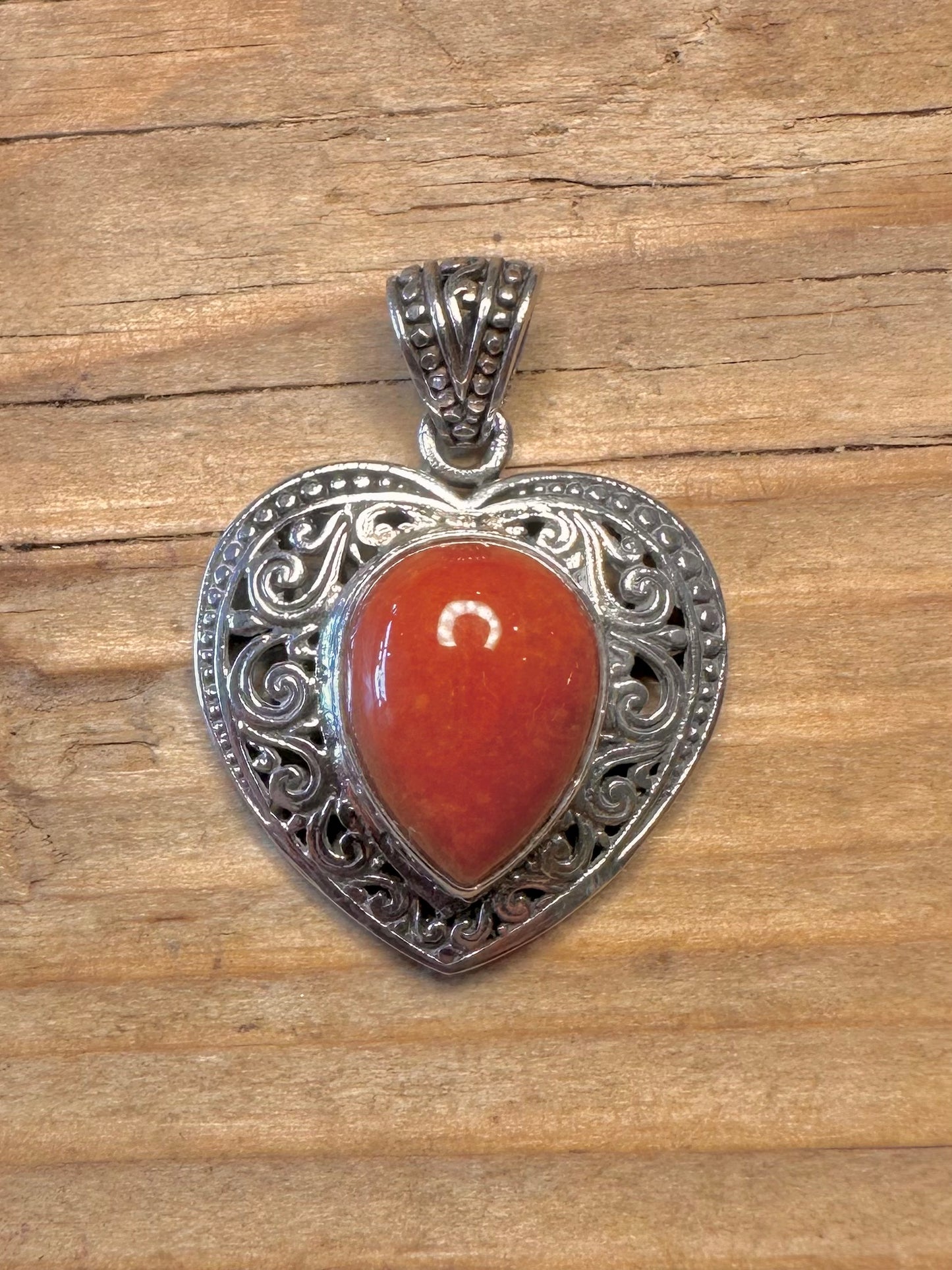 Vintage Red Jasper Heart Filigree 925 Sterling Silver Pendant