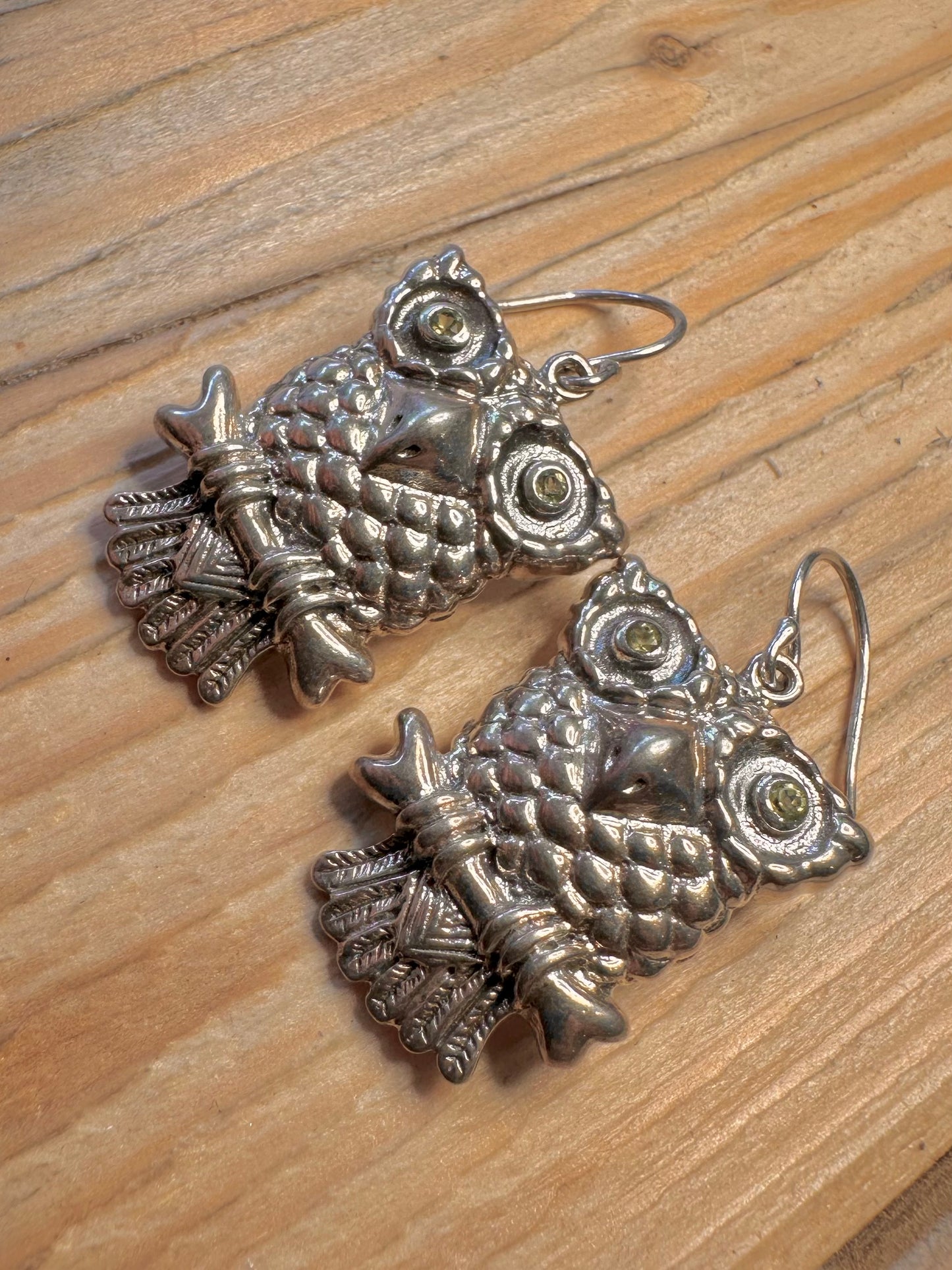 Vintage Owl Peridot 925 Sterling Silver Earrings