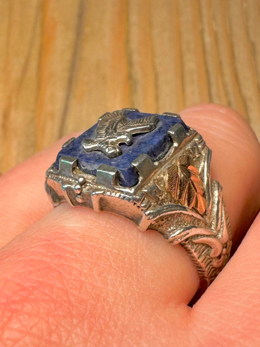 Vintage Lapis Eagle with Gold Plated Signet 925 Sterling Silver Size Y Ring