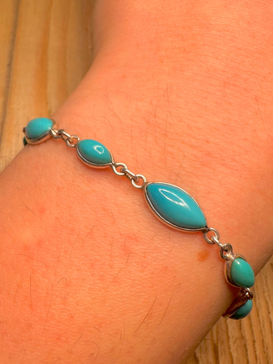 Vintage Turquoise Oval Link 925 Sterling Silver 7.5 inch Bracelet