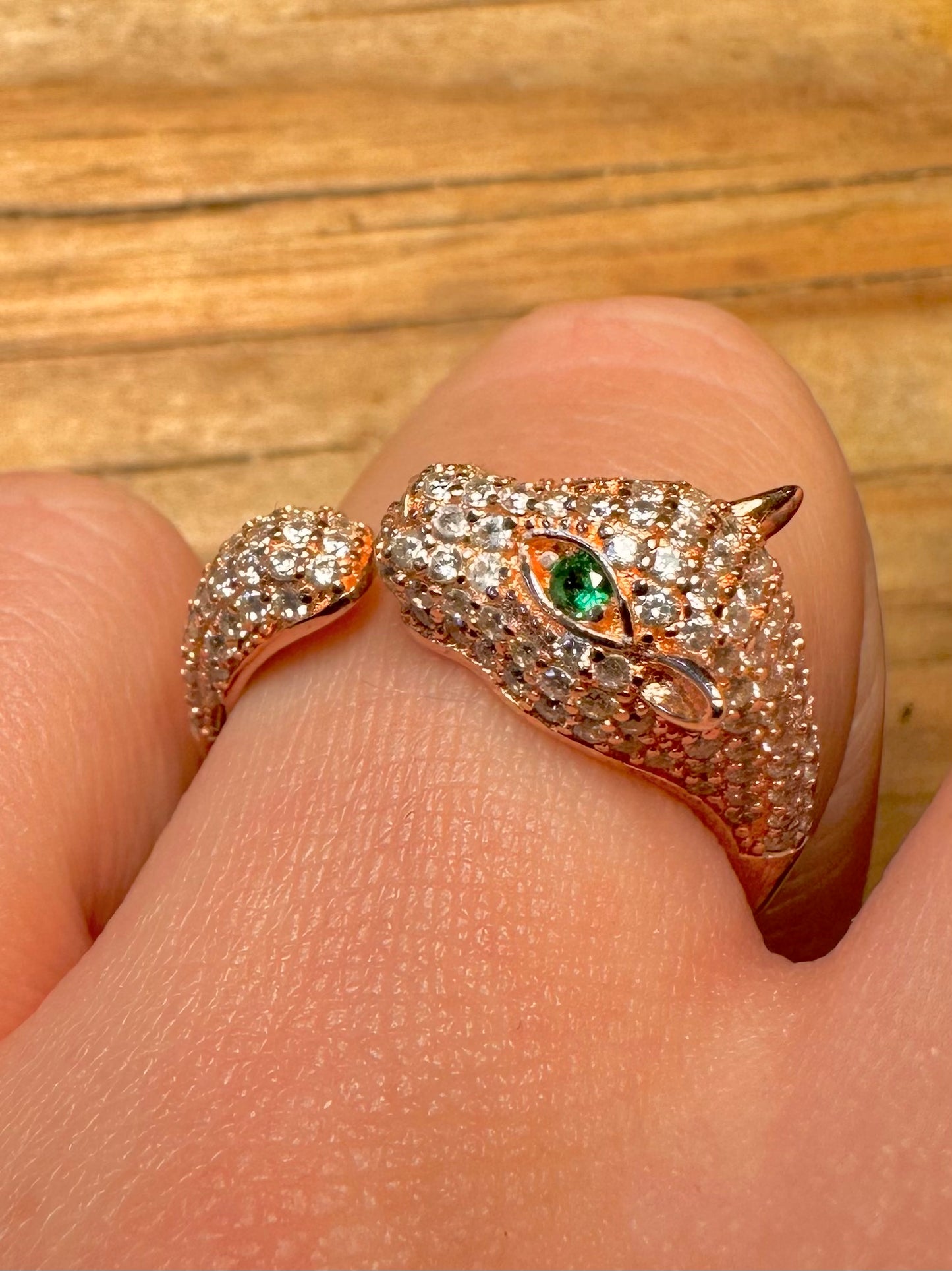 Modern Panther White and Green Stone Rose Gold Toned 925 Sterling Silver Size Q Ring