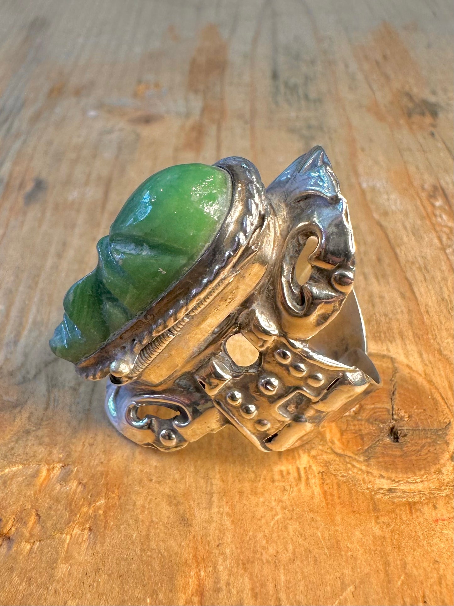 Aztec Green Onyx Poison Ring Orange Mexico 925 Sterling Silver Size R Adjustable Ring