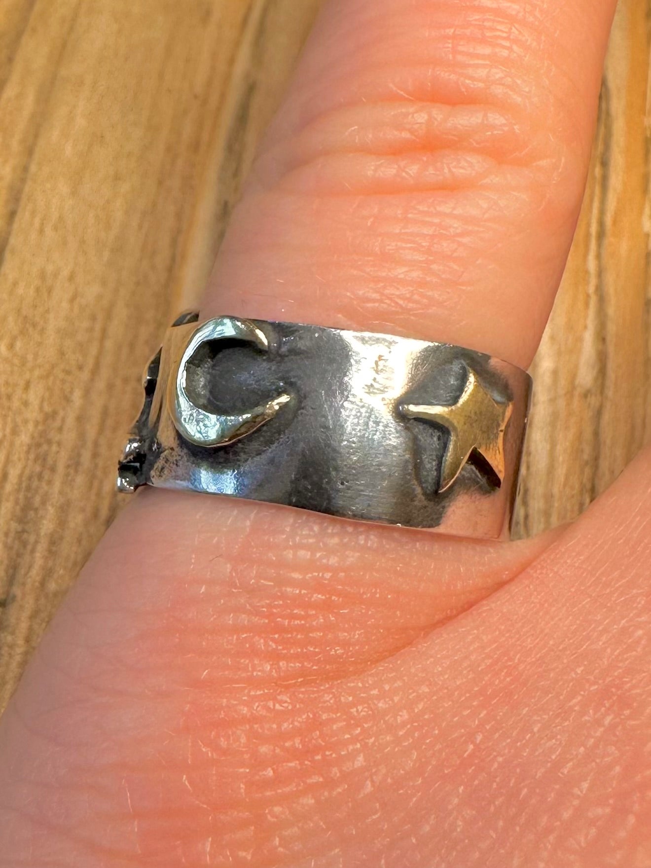 Vintage Handmade Hare Star and Moon Gold Plate on 925 Sterling Silver Size N Ring