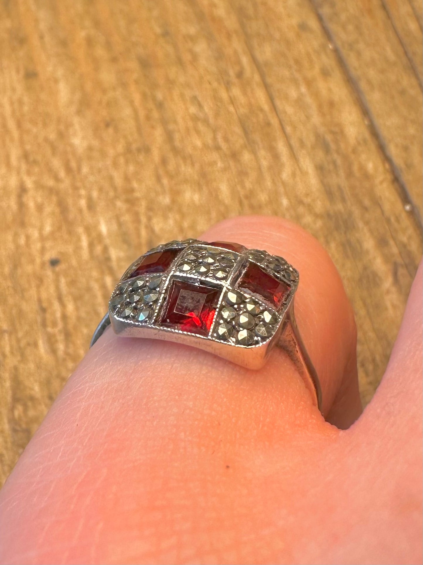 Garnet and Marcasite Square 925 Sterling Silver Size N1/2 Ring