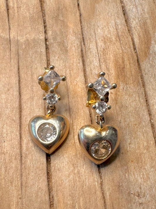 Modern Gold Heart Dangle CZ Stone 925 Sterling Silver Earrings