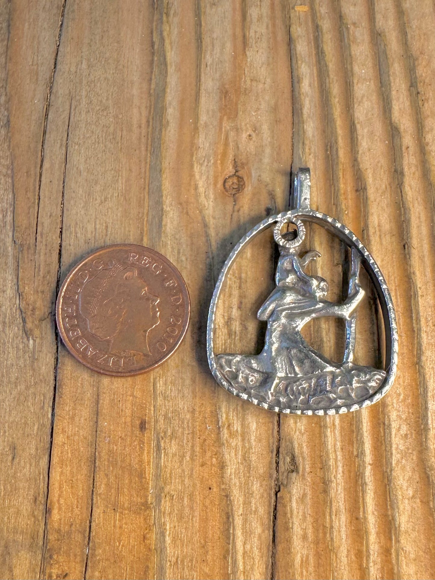 Unique St Christopher 1976 Pierced Design Textured 925 Sterling Silver Pendant