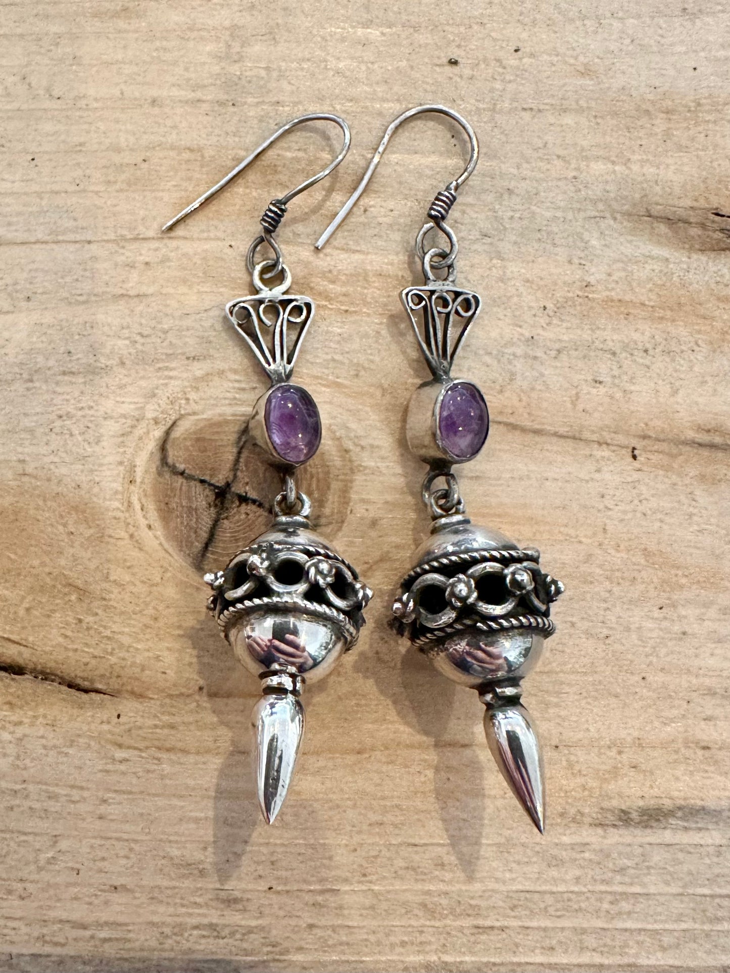 Vintage Amethyst Tribal Dangle 925 Silver Earrings