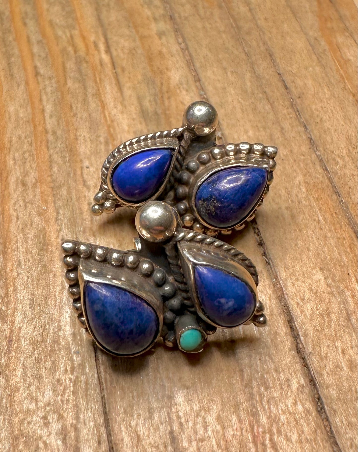 Vintage Lapis and Turquoise Boho Stud 925 Sterling Silver Earrings
