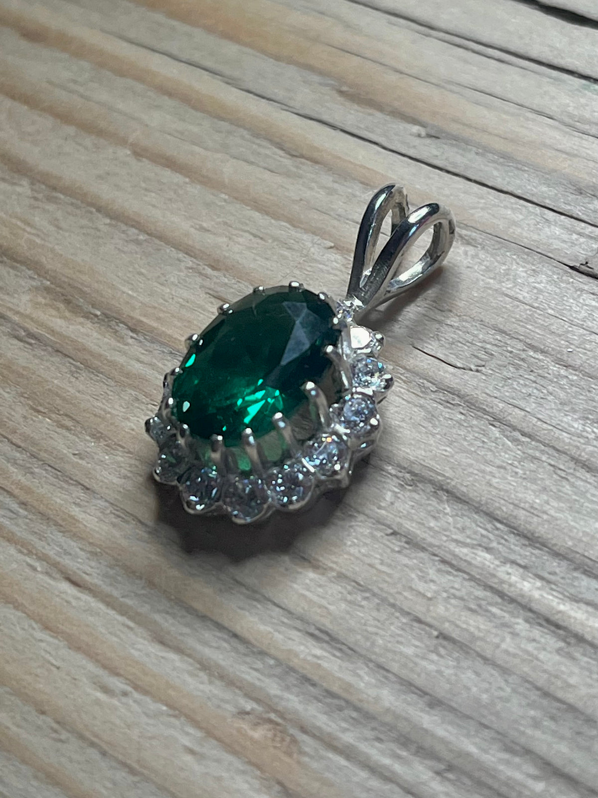 Oval Emerald Coloured Gemstone and White Stone 925 Sterling Silver Pendant