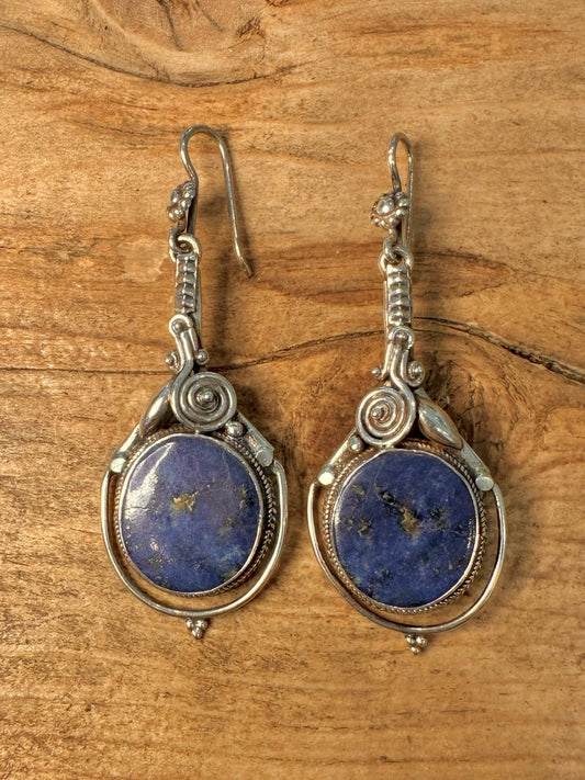 Vintage Lapis Tribal Dangle 925 Silver Earrings