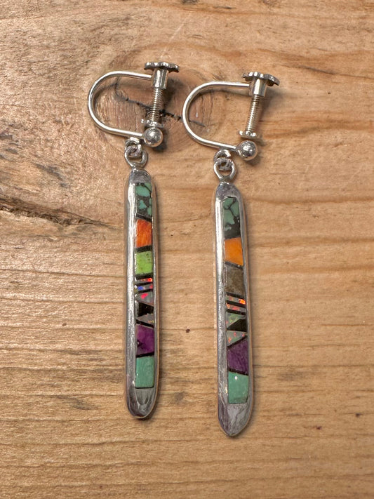 Vintage Native American Mosaic Screw on 925 Silver Earrings