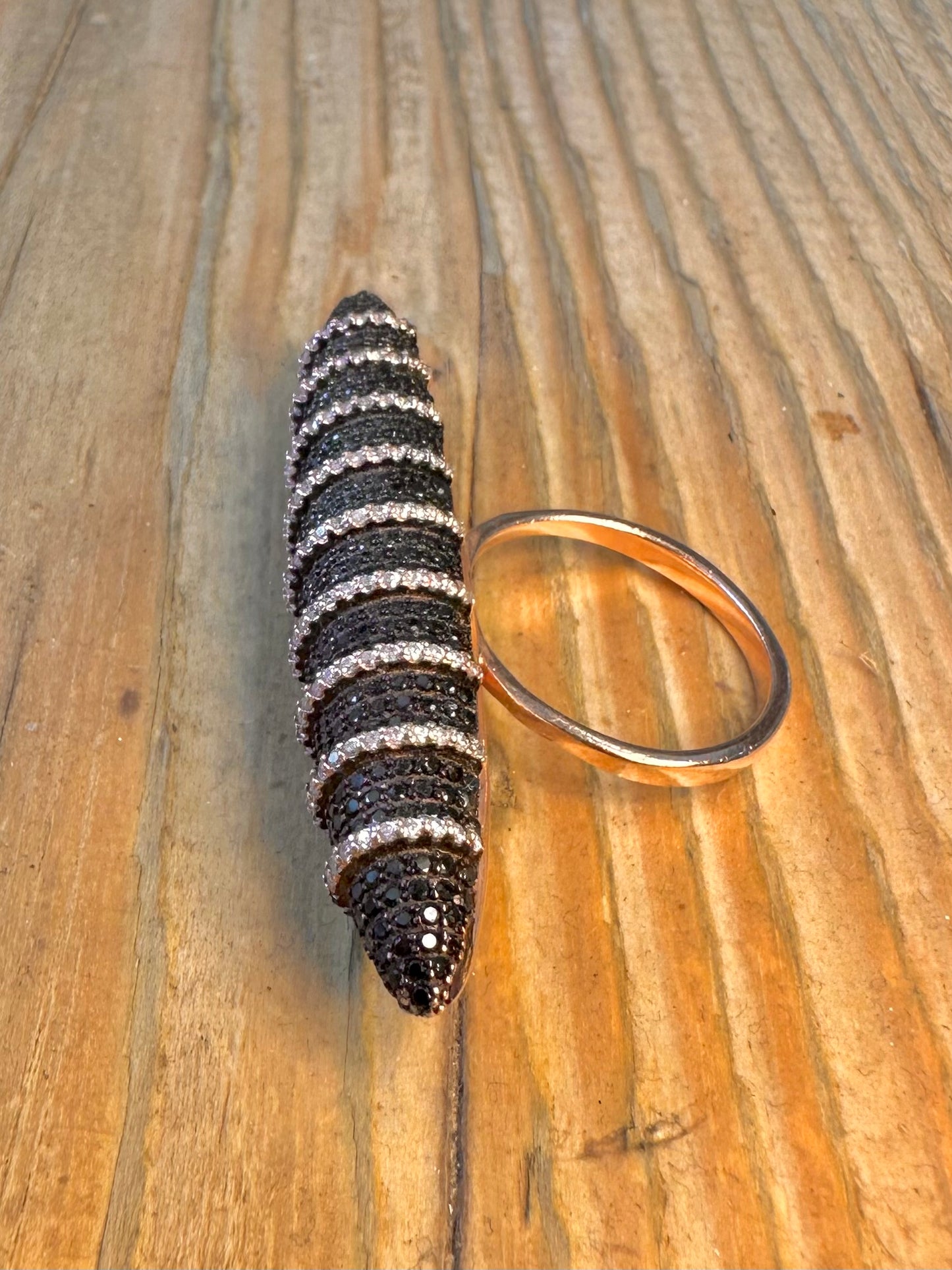 Large Long Black Stones Pointed Rose Gold Colour on 925 Sterling Silver Size M1/2 Ring