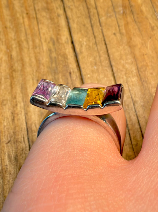 Multi Coloured Covered Stones 925 Sterling Silver Size O Ring