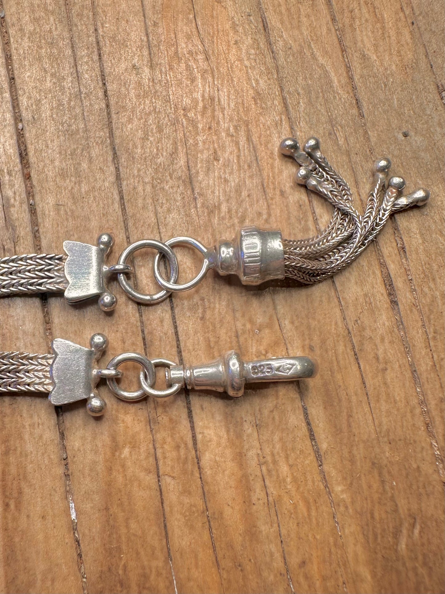 Vintage Albertina-Armband im viktorianischen Stil, gewebte Stränge, Albert-Verschluss mit Quaste, 925er Sterlingsilber, 19 bis 19,8 cm