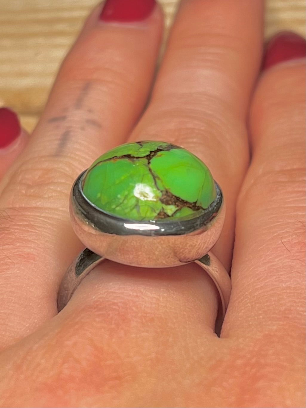 Circular Green Copper Turqoise 925 Sterling Silver Size N Ring