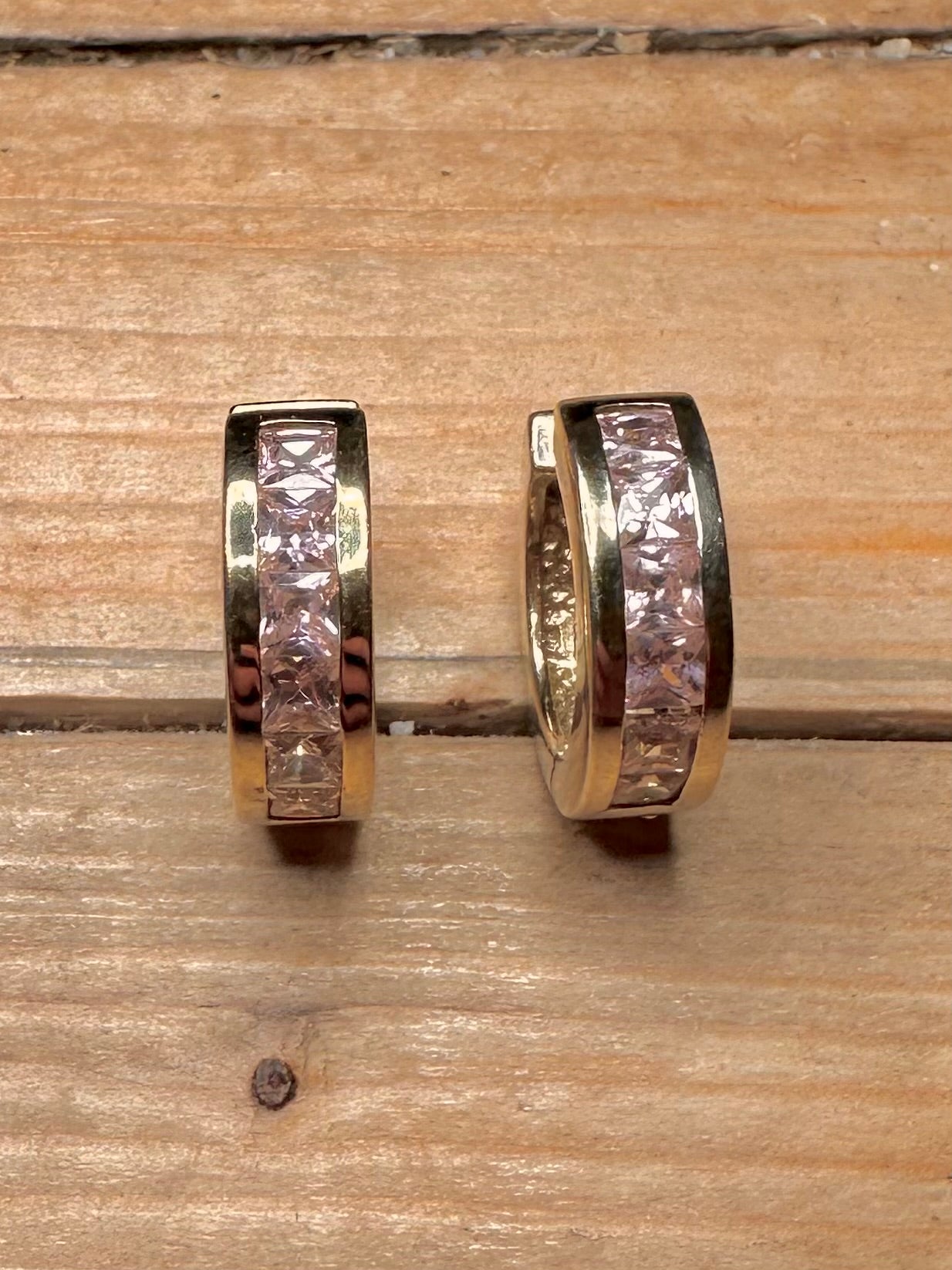 Modern Pink CZ Chunky Hoops Gold on 925 Silver Earrings