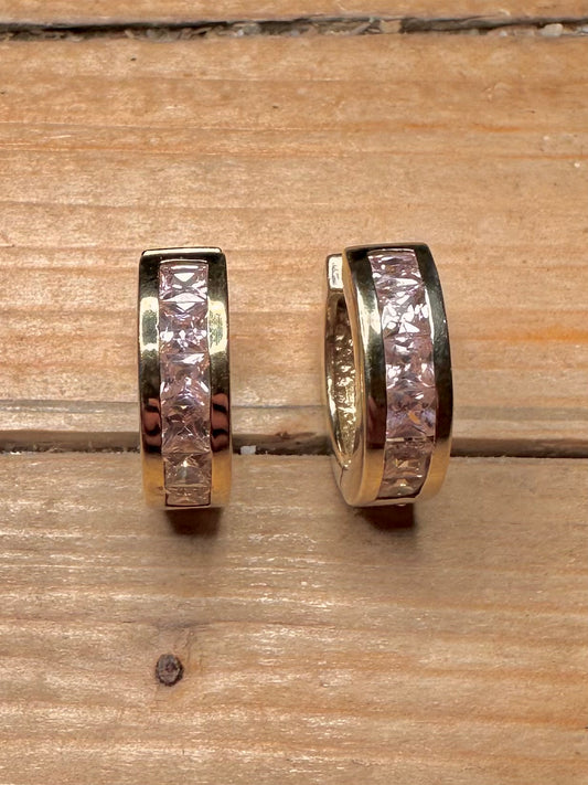 Modern Pink CZ Chunky Hoops Gold on 925 Silver Earrings