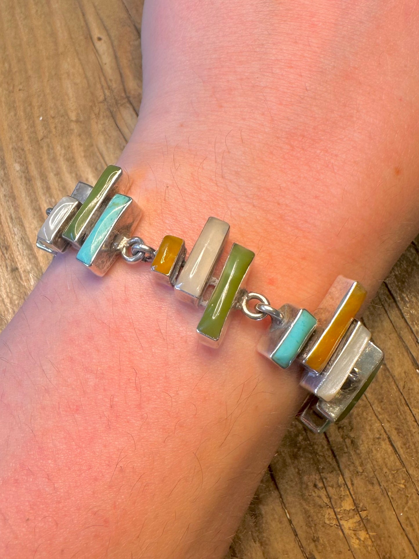 Abstract 2006 Rectangular Multi Gemstone T Bar Clasp 925 Sterling Silver 7.5 inch Bracelet