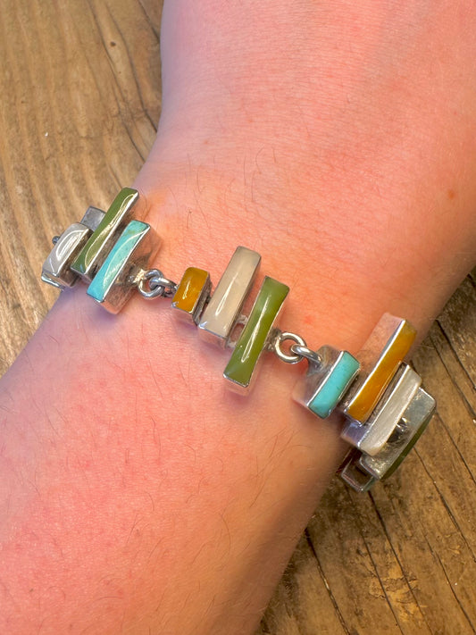Abstract 2006 Rectangular Multi Gemstone T Bar Clasp 925 Sterling Silver 7.5 inch Bracelet