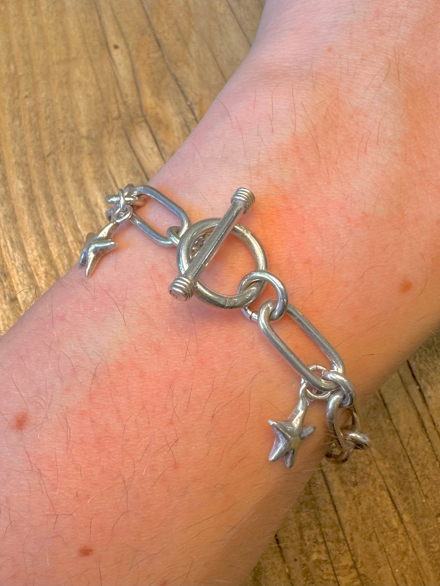 Paper Link T Bar with Star Pendants 925 Sterling Silver 7.5 inch Bracelet