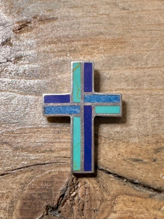 Vintage Turquoise and Lapis Inlay Cross 925 Silver Pendant