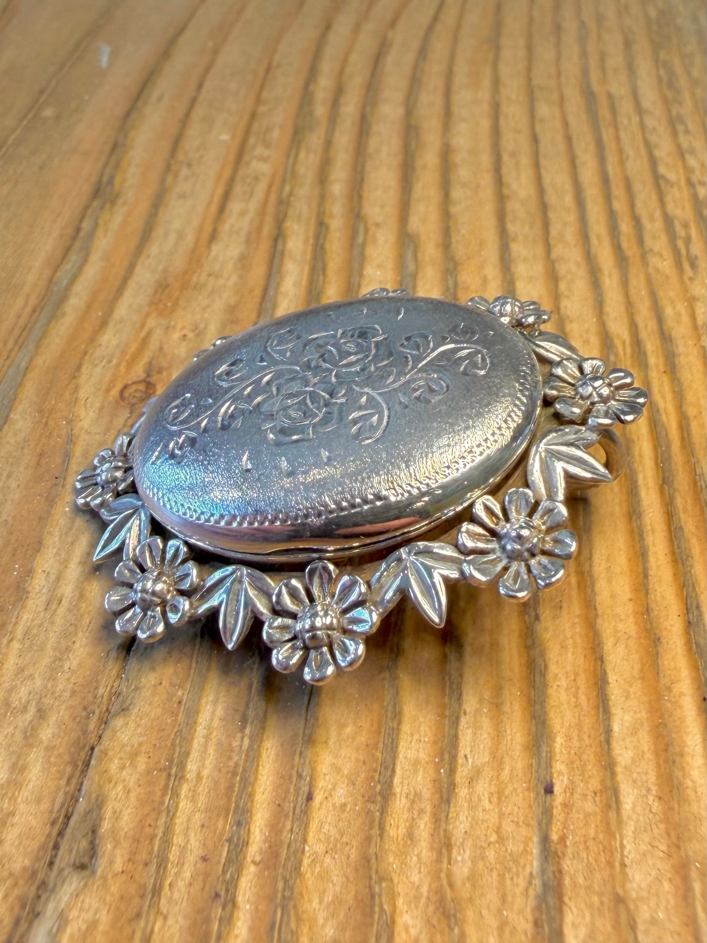 Large 1969 Floral Motif and Engraved Maker JS Birmingham Locket 925 Sterling Silver Pendant Brooch