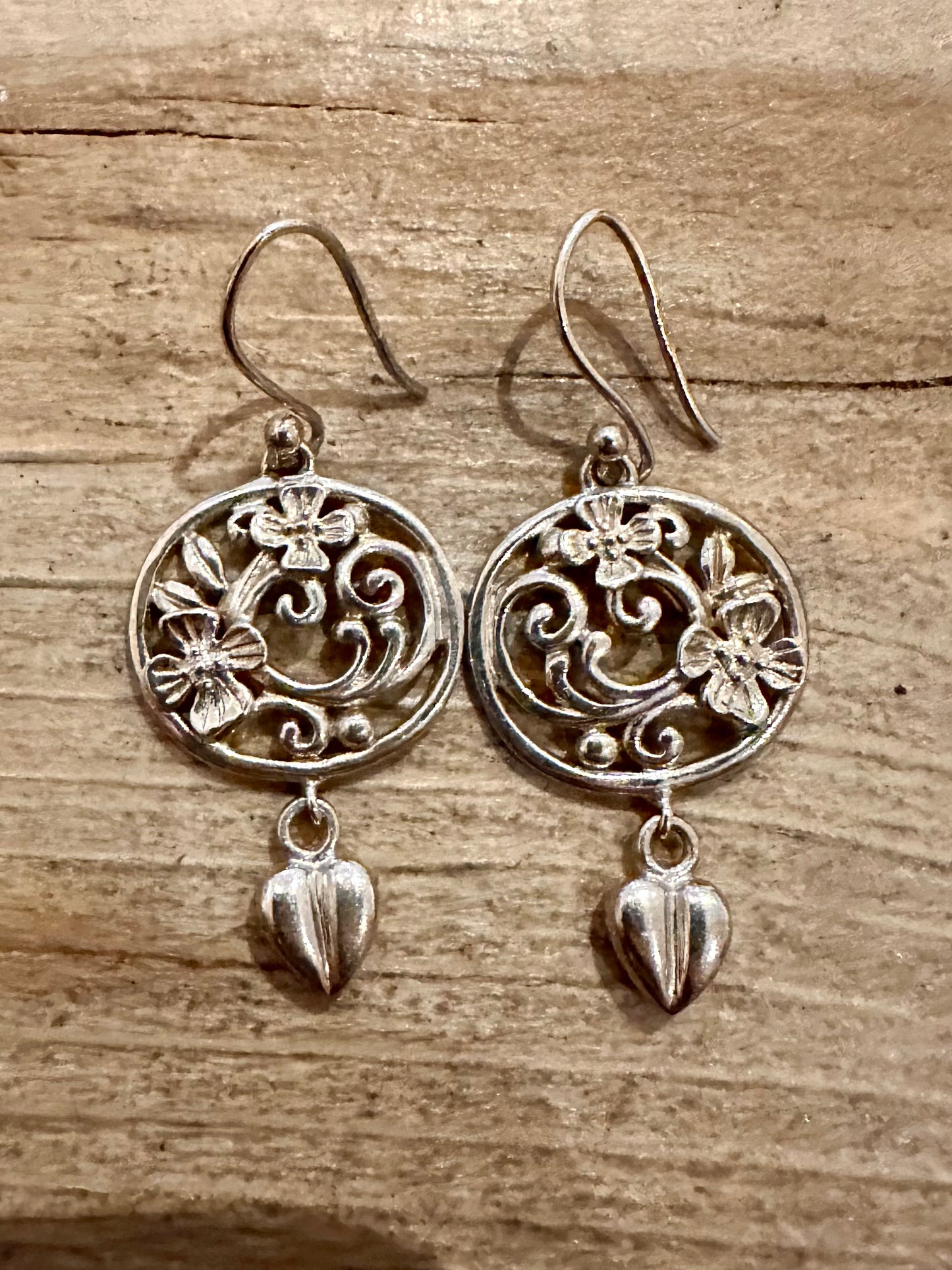 Vintage Floral and Leaf Dangle 925 Silver Earrings