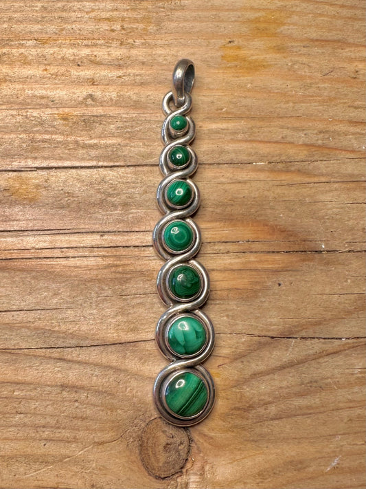 Vintage Long Malachite Spiral 925 Sterling Silver Pendant