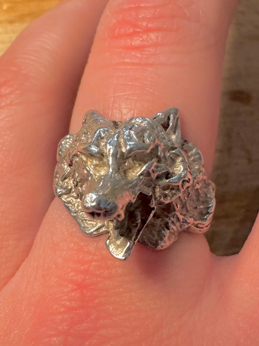Vintage Wolf Head 925 Silver Size T Ring