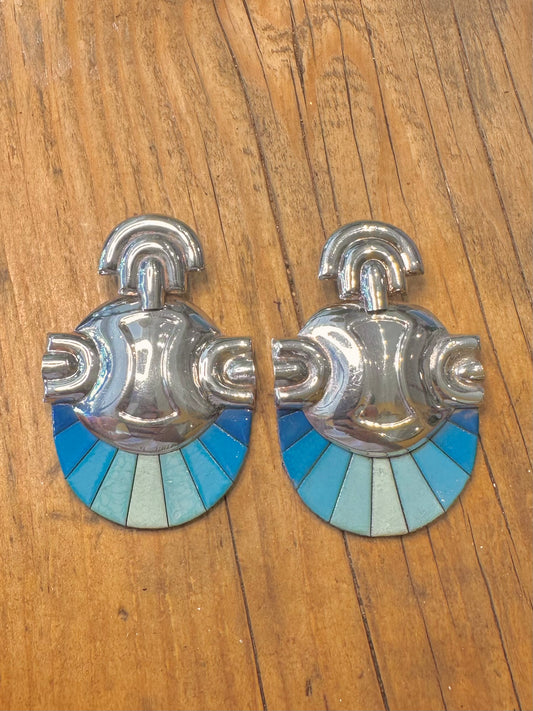 Art Deco Fan Shaped Blue Gradient Leather Back 925 Sterling Silver Earrings