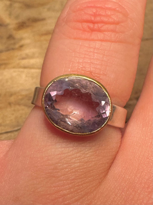 Abstract Amethyst Gold and 925 Silver Size P Ring
