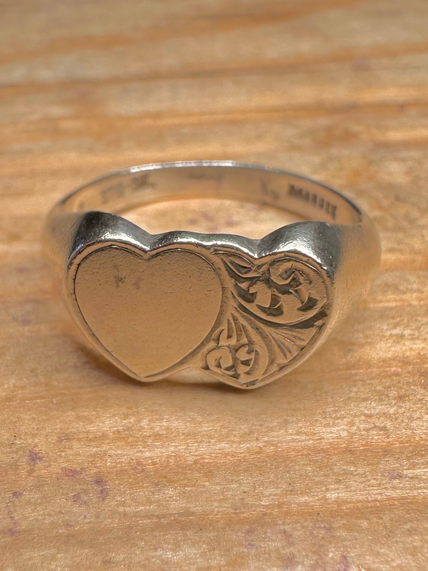 Vintage Double Heart Engraved Signet 925 Sterling Silver Size M Ring