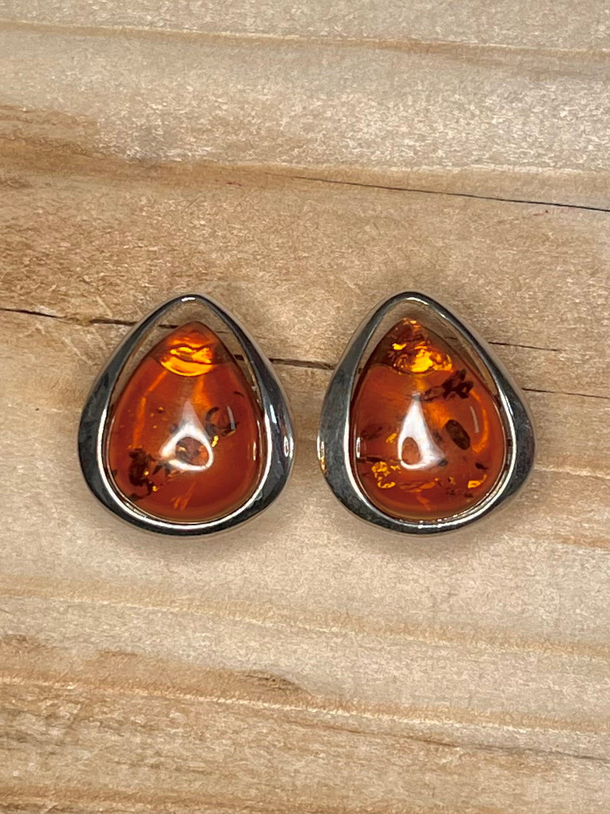 Tear Drop Shaped Amber 925 Sterling Silver Stud Earrings