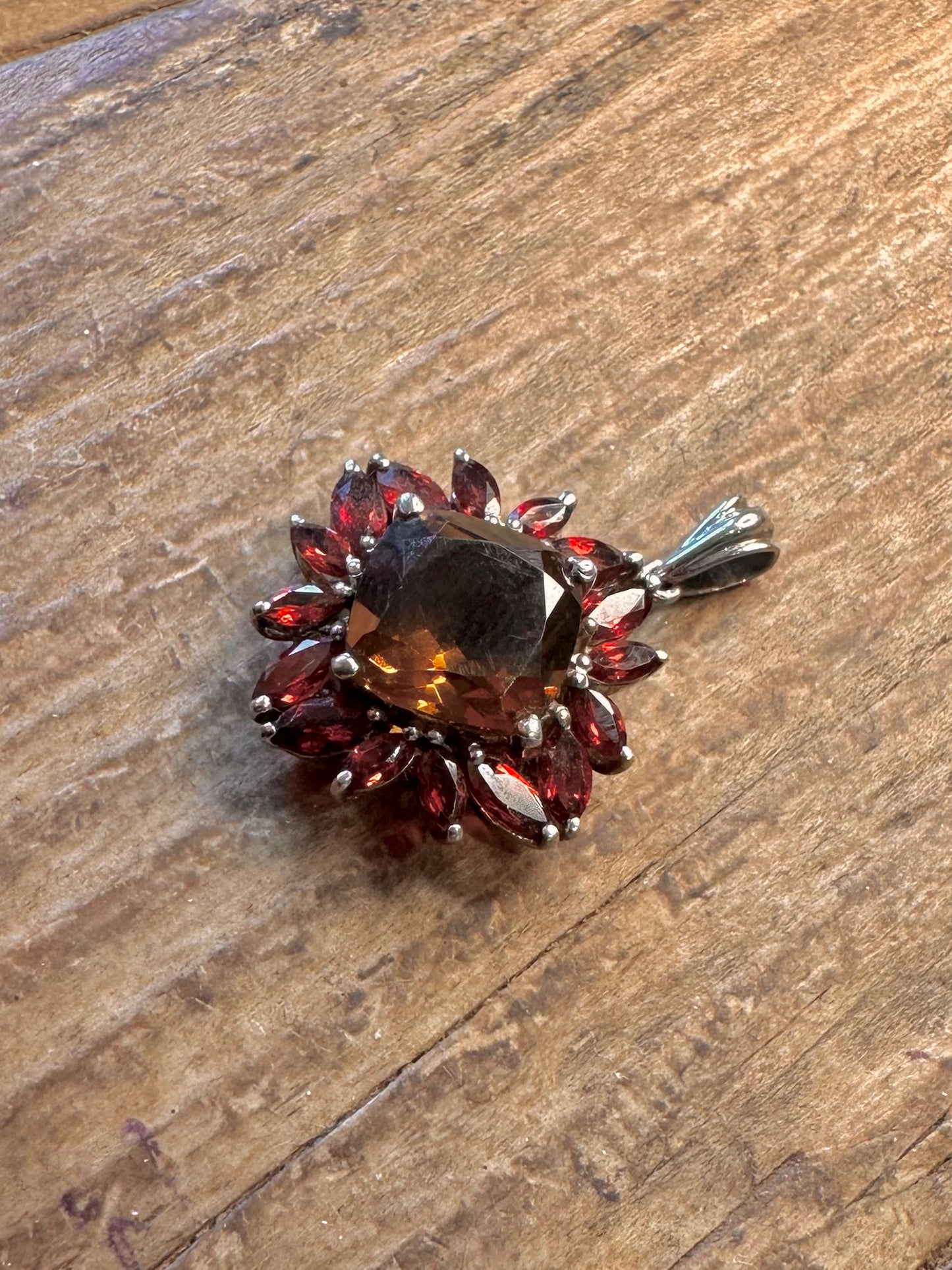 Sunflower Citrine and Garnet 925 Sterling Silver Pendant