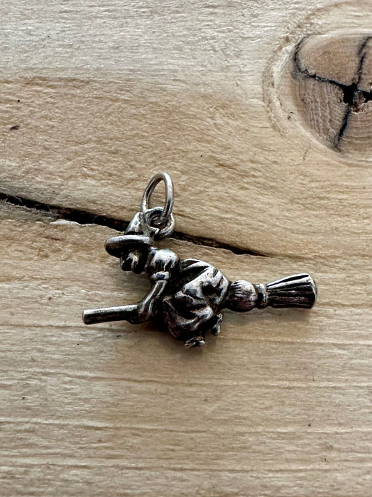 Vintage Witch on Broomstick 925 Silver Charm Pendant