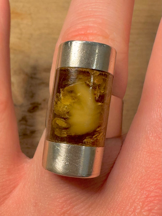 Modernist Amber Bar 925 Silver Size O1/2 Adjustable Ring