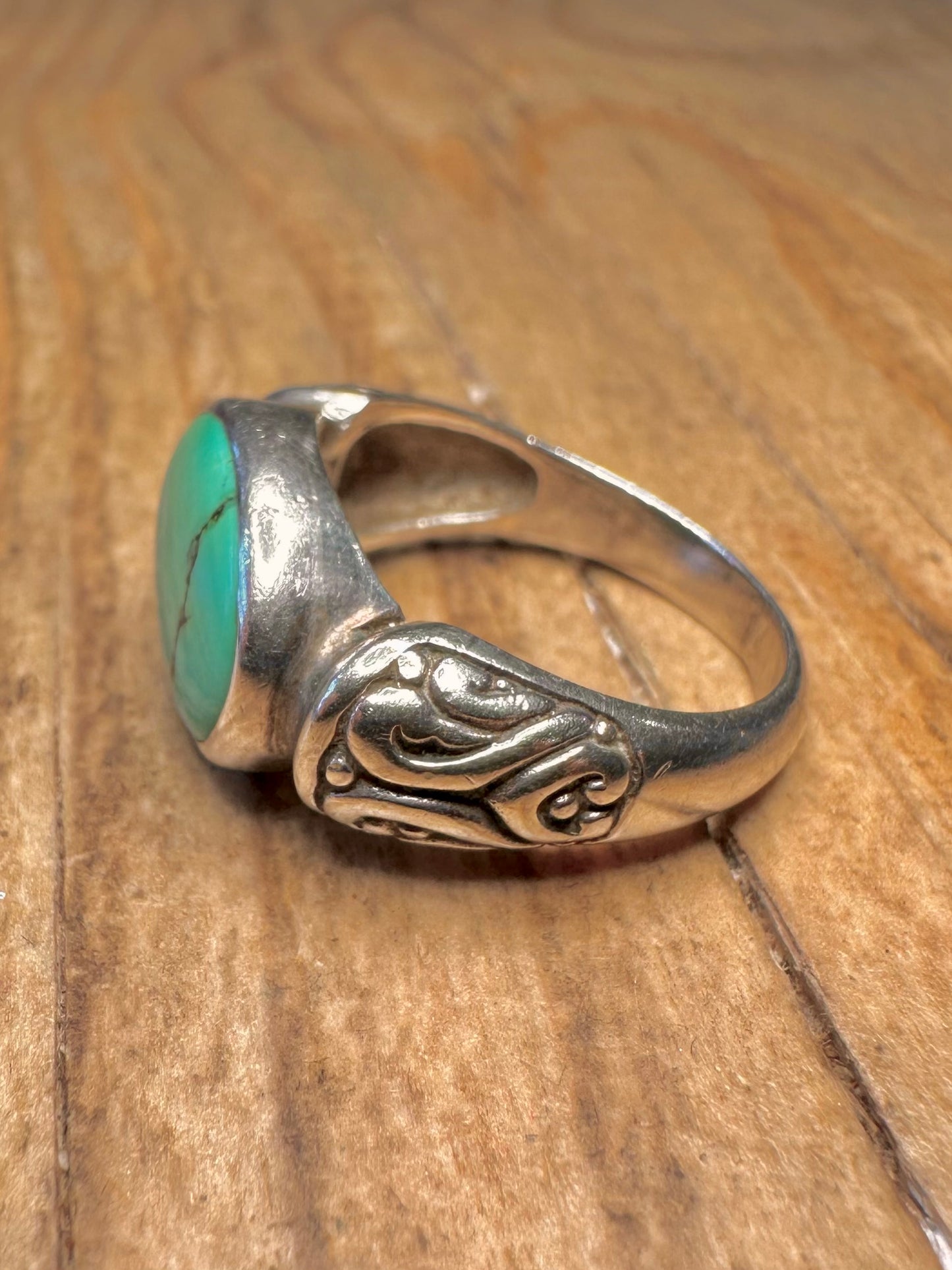Vintage Turquoise Engraved 925 Sterling Silver Size O Ring