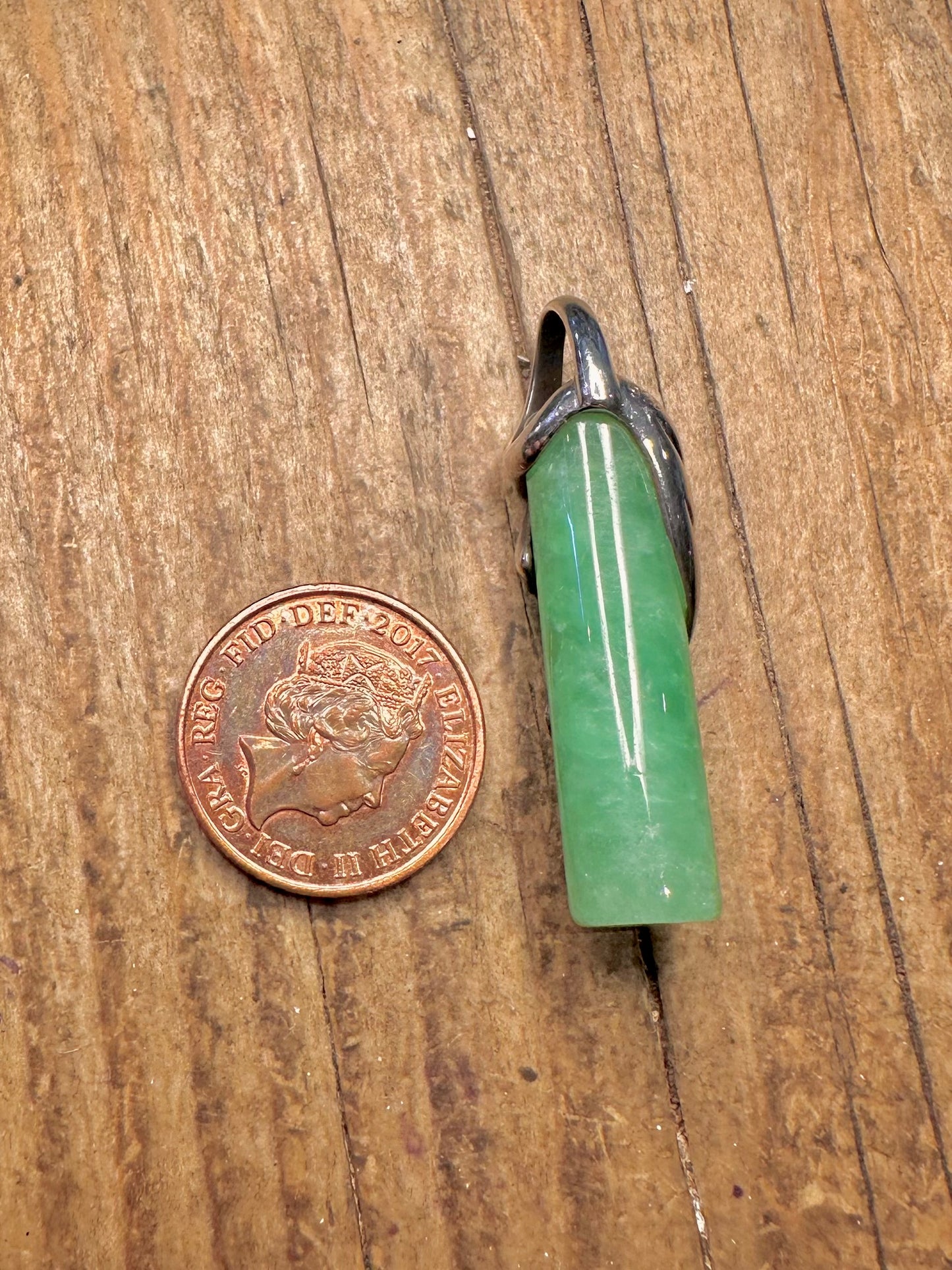 Green Jade Cylinder with Swirl 925 Sterling Silver Pendant