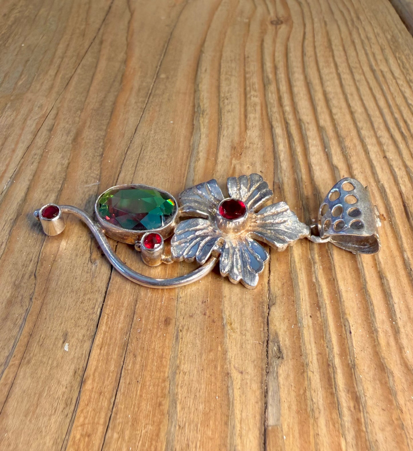Large Flower Red and Green Stone 925 Sterling Silver Pendant