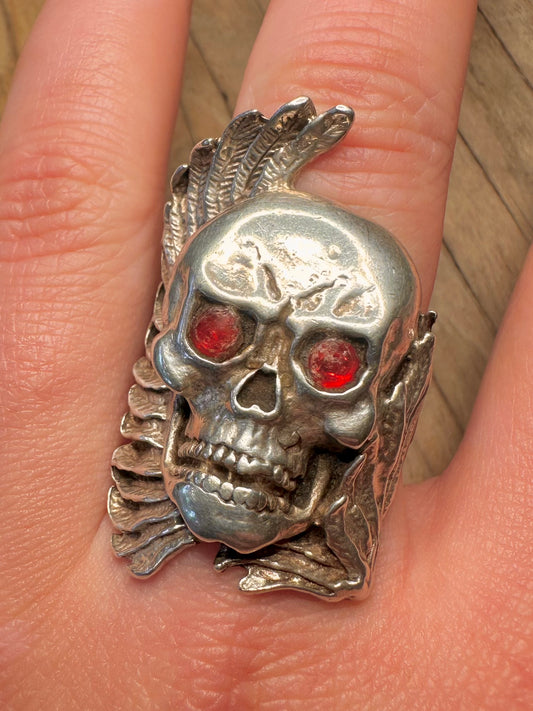 Vintage Large Skull Wing Red Stone Eyes 925 Sterling Silver Size V1/2 Ring