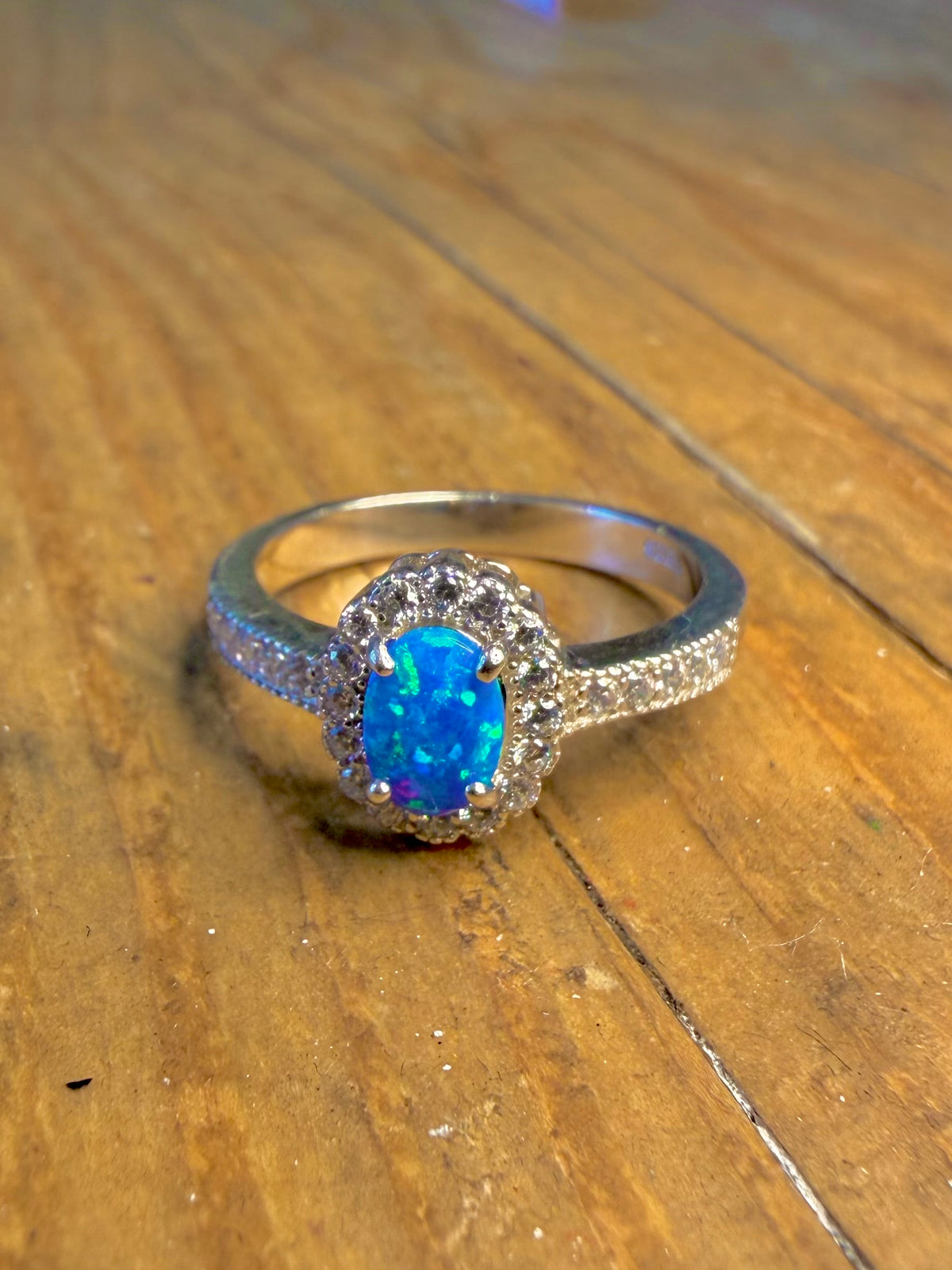 Blue Opal and White CZ 925 Sterling Silver Size Q Ring