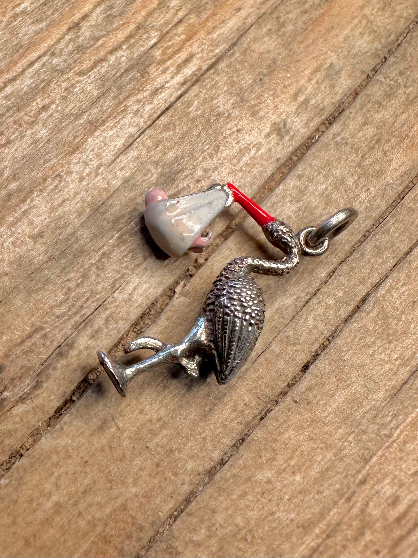 Vintage Stork and Baby Enamel 925 Sterling Silver Charm Pendant