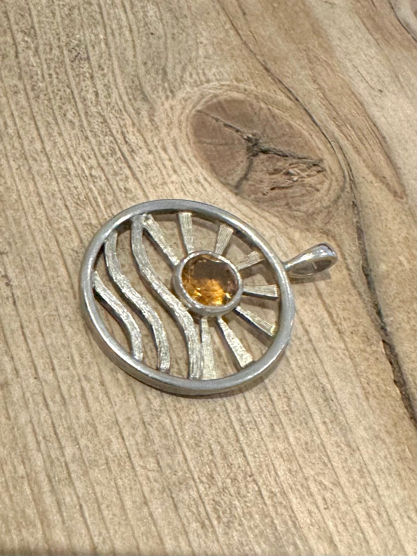 Vintage Abstract Citrine Sun and Wave 925 Silver Pendant