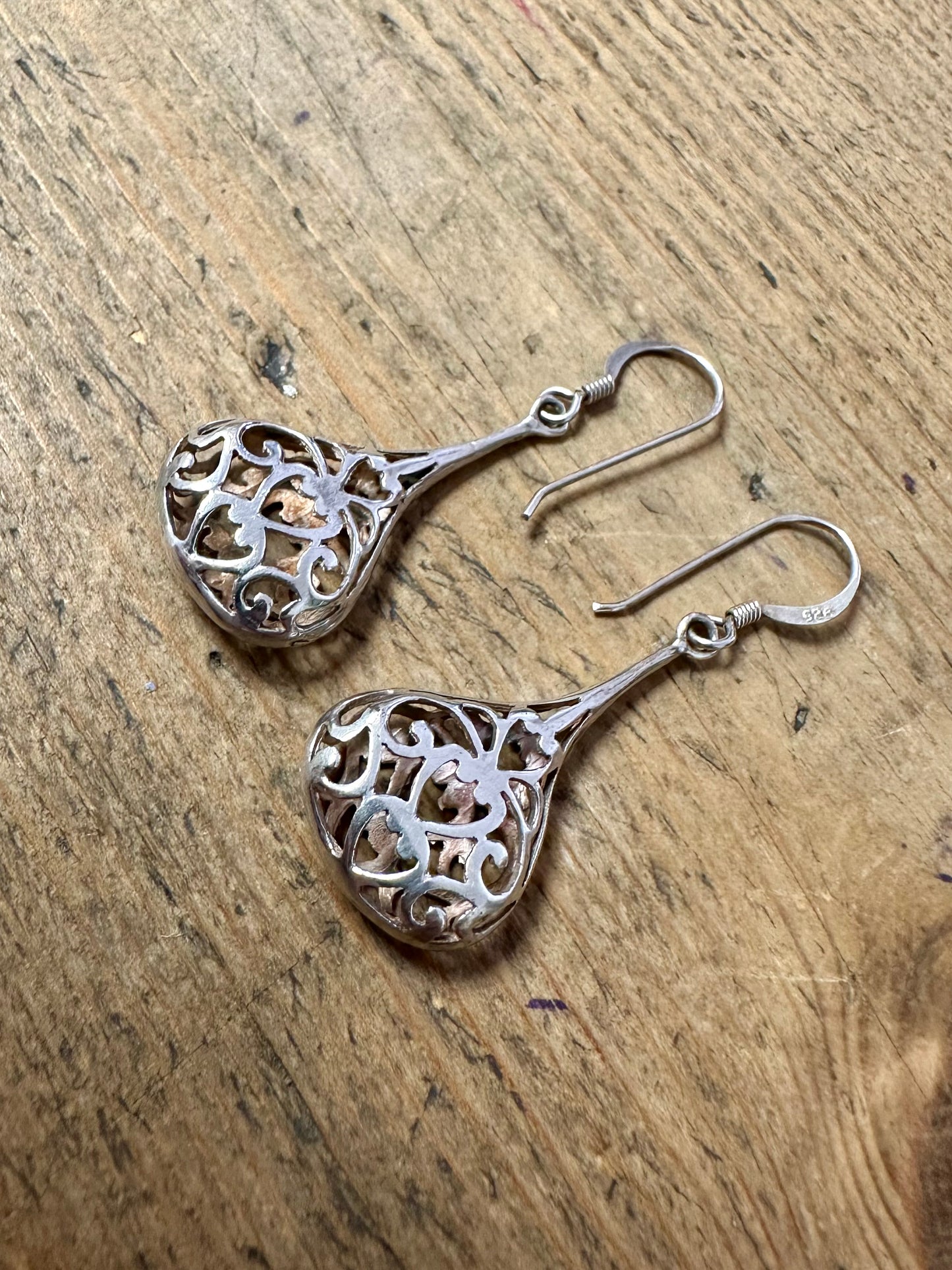 Vintage Filigree Tear Drop Dangle 925 Silver Earrings